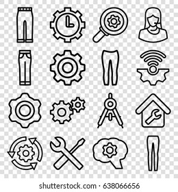 Technical icons set. set of 16 technical outline icons such as compass, woman pants, gear, wrench and screwdriver, customer support, clock in gear