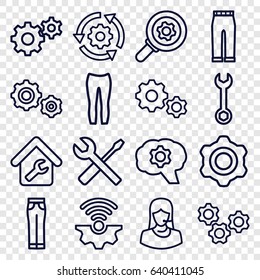 Technical icons set. set of 16 technical outline icons such as woman pants, wrench, gear, wrench and screwdriver, customer support, home repair