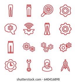 Technical icons set. set of 16 technical outline icons such as compass, woman pants, wrench, gear, customer support