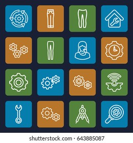 Technical icons set. set of 16 technical outline icons such as compass, woman pants, wrench, gear, customer support, home repair