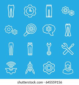 Technical icons set. set of 16 technical outline icons such as compass, woman pants, wrench, wrench and screwdriver, customer support, gear    sign symb