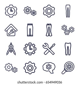 Technical icons set. set of 16 technical outline icons such as compass, woman pants, wrench and screwdriver, clock in gear, home repair
