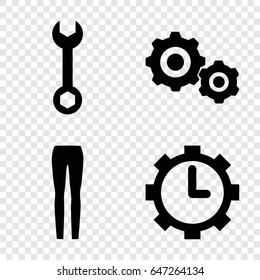 Technical icons set. set of 4 technical filled icons such as woman pants, wrench, clock in gear