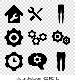 Technical icons set. set of 9 technical filled icons such as woman pants, wrench and screwdriver, home repair, gear    sign symb, gear clock