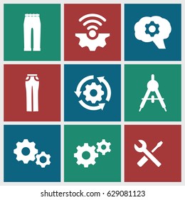 Technical icons set. set of 9 technical filled icons such as compass, woman pants, gear, wrench and screwdriver, gear rotate