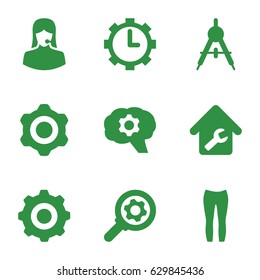 Technical icons set. set of 9 technical filled icons such as compass, woman pants, customer support, clock in gear, home repair, gear    sign symb