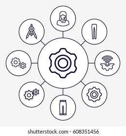 Technical icons set. set of 9 technical outline icons such as compass, woman pants, gear, customer support, gear    sign symb