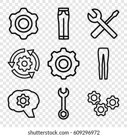 Technical icons set. set of 9 technical outline icons such as woman pants, wrench, wrench and screwdriver, gear    sign symb, gear