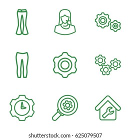 Technical icons set. set of 9 technical outline icons such as woman pants, customer support, home repair, gear    sign symb, gear clock