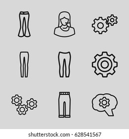 Technical icons set. set of 9 technical outline icons such as woman pants, gear