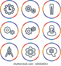 Technical icons set. set of 9 technical outline icons such as compass, woman pants, gear, customer support, clock in gear