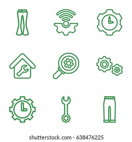 Technical icons set. set of 9 technical outline icons such as woman pants, wrench, clock in gear, home repair