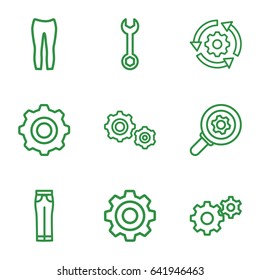 Technical icons set. set of 9 technical outline icons such as woman pants, wrench, gear, gear    sign symb