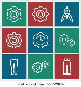 Technical icons set. set of 9 technical outline icons such as compass, woman pants, gear