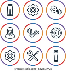 Technical icons set. set of 9 technical outline icons such as woman pants, wrench and screwdriver, customer support, gear    sign symb, gear rotate