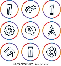 Technical icons set. set of 9 technical outline icons such as compass, woman pants, gear, home repair