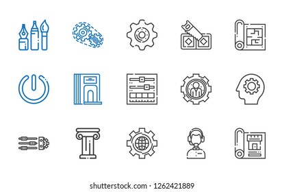technical icons set. Collection of technical with blueprint, customer service, settings, architecture, gear, setting, divider, power, saw. Editable and scalable technical icons.