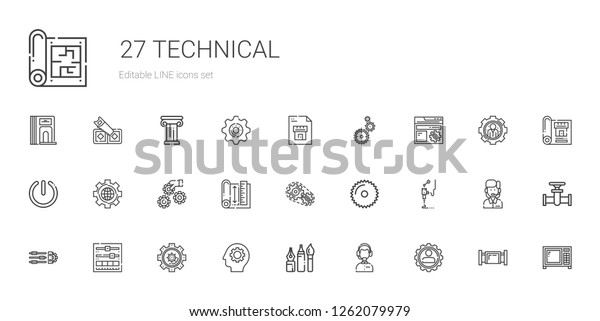 technical icons\
set. Collection of technical with settings, customer service,\
tools, gear, setting, d printer, saw, blueprint, power, microwave.\
Editable and scalable technical\
icons.
