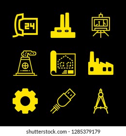 technical icons set with factory, configuration with gear and blueprint vector set