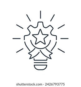 Technical idea awarded with a star. Innovation winner.Vector linear icon isolated on white background.