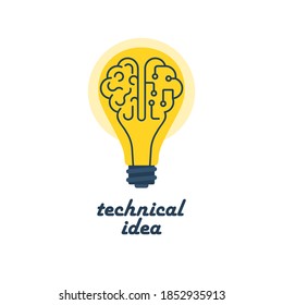 Technical idea. Brain light bulb symbol. Creative ideas concept. Innovation solution. Success in education, art, work project. Vector illustration flat design. Isolated on white background.