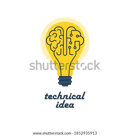 Technical idea. Brain light bulb symbol. Creative ideas concept. Innovation solution. Success in education, art, work project. Vector illustration flat design. Isolated on white background.