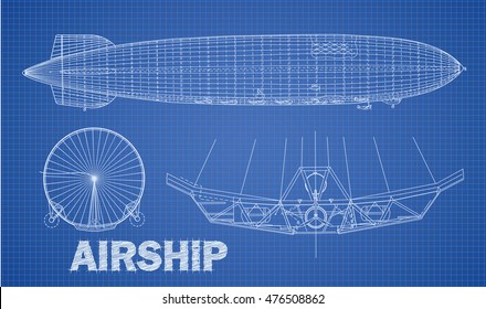 Technical Illustration with airship drawing on the blueprint. Draft style. With stylized inscription.