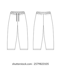 Technical illustration of athletic pants with elastic band, front and back view. Sketch of fashionable joggers pants with barrel cut. Template of sports pants on a drawstring, vector.