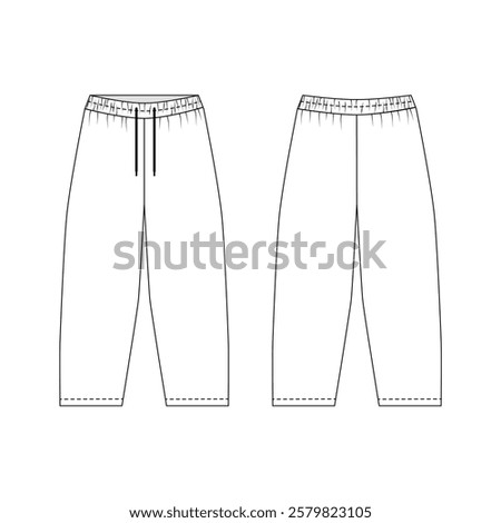 Technical illustration of athletic pants with elastic band, front and back view. Sketch of fashionable joggers pants with barrel cut. Template of sports pants on a drawstring, vector.