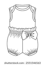 Technical illustration of a baby romper with a bow detail and elastic waist, combining cuteness with comfort.