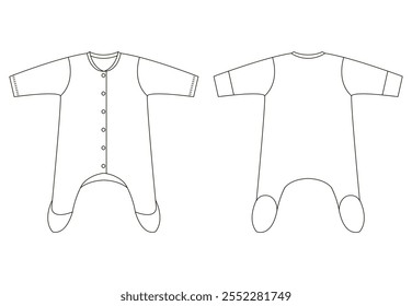 Technical illustration of a baby romper with a button front and short sleeves, shown in both front and back views.