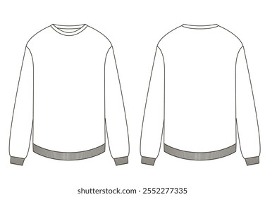 Technical illustration of a basic crew neck sweatshirt with long sleeves, displayed in front and back views. Features a ribbed hem and cuffs.