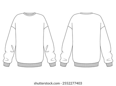 Technical illustration of a basic crew neck oversize sweatshirt with long sleeves, displayed in front and back views. Features a ribbed hem and cuffs.