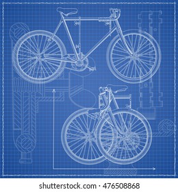 Technical Illustration With Bicycle Drawing On The Blueprint. Draft Style. With Stylized Background.