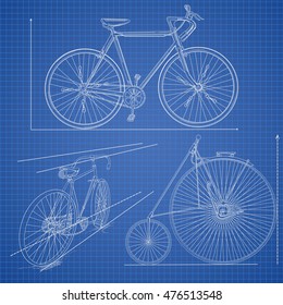 Technical Illustration With Bicycles Drawing On The Blueprint. Draft Style. With Stylized Background.