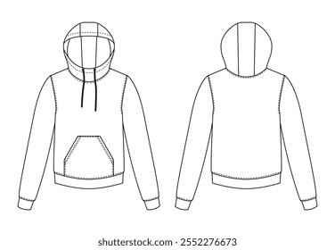 Ilustración técnica de una sudadera con capucha casual con un Grande bolsillo frontal y capucha ajustable.