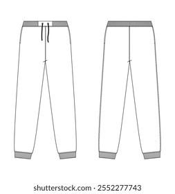 Ilustración técnica de pantalones cortos casuales con cintura con cordón y puños acanalados, mostrados en vistas frontales y traseras.