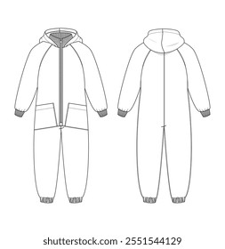 Technical illustration of a children's winter onesie with a full zipper and ribbed cuffs for maximum warmth.