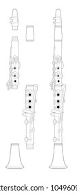 Technical Illustration of a clarinet assembled and unassembled. 