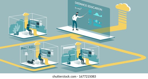 Ilustración técnica que explica cómo la computación en nube mejora nuestra capacidad de aprender y trabajar en cualquier lugar. Diseño isométrico que explica el principio de la educación a distancia en casa a través de la nube.