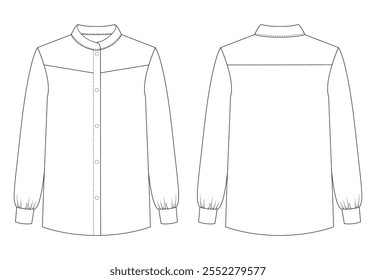 Technical illustration of a formal shirt with a pointed collar, button front, and long sleeves. Displayed in both front and back views.