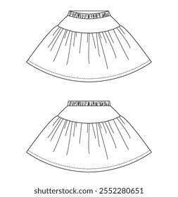 Technical illustration of a girl's flared skirt with a ruffled hem and gathered waist. Includes front and back views.