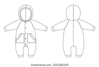 Ilustração técnica de um bebê encapuzado onesie sem botas, apresentando um design aerodinâmico com fechos de botão. Mostra as vistas frontal e traseira.