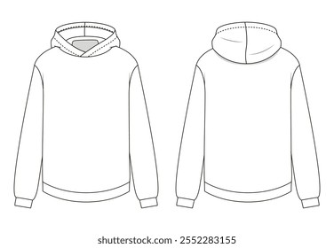 Ilustración técnica de una sudadera con capucha con un distintivo escote retorcido y diseño liso.