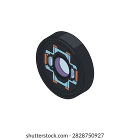 Technical illustration of an isometric camera lens cross section with internal optical components