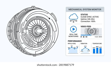 Technical illustration of jet engine component paired with digital dashboard showing status monitoring data.