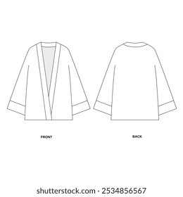 Technical illustration of kimono style cape front and back view, vector. Template of simple shirt with loose sleeves. Outline sketch of long sleeved robe with long sleeves, Japanese style, vector.