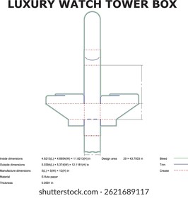 Ilustración técnica de un diseño de caja de torre de reloj de lujo con dimensiones y especificaciones para fines de fabricación y embalaje.