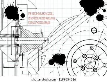 Technical illustration. Mechanical engineering. Background. Draft. Black Ink. Blots