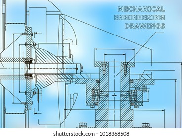 Technical illustration. Mechanical engineering. Backgrounds of engineering subjects. Technical design. Instrument making. Cover, banner, flyer. Blue